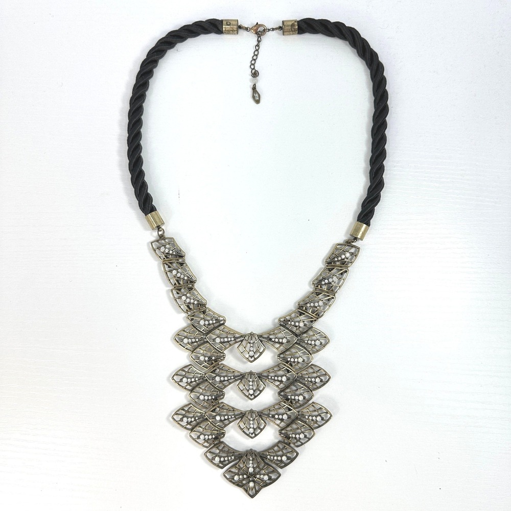 Kensie Statement Bib‎ Necklace Art Deco Geometric Antiqued Gold Opal Rhinestones